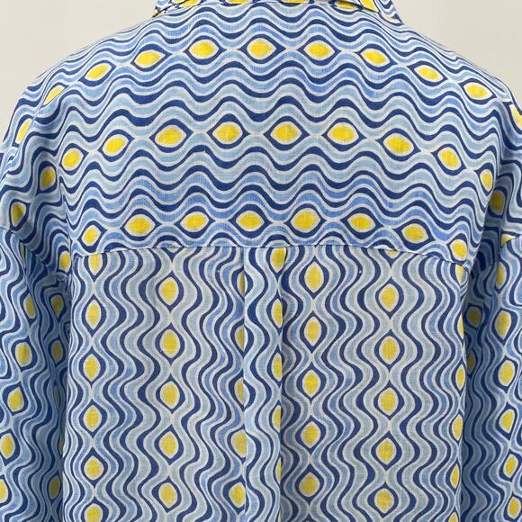 J McLaughlin Fallon Linen Blouse Long Sleeve Costa Key Print Blue Womens Medium - Picture 7 of 11